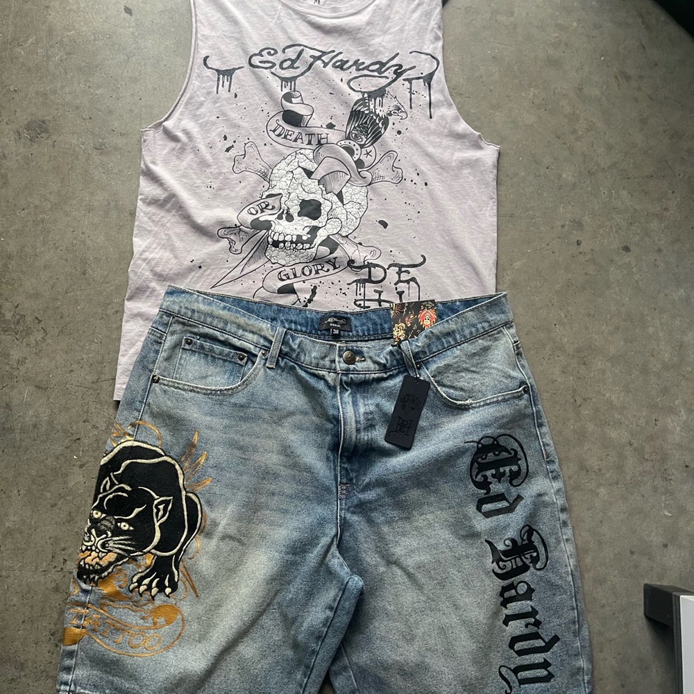 Ed Hardy Graphic Tank and Denim Shorts Set